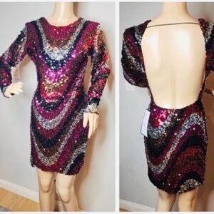 Retro 60s B. Darlin Long Sleeve Open Back Pattern Sequin Pull-On Mini Dress